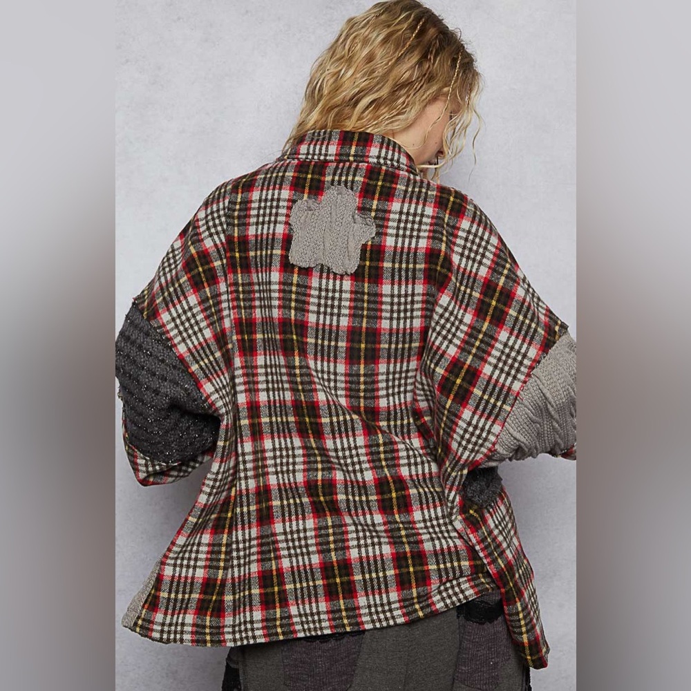 🖤 POL “ Backstage Flannel “ Plaid Flannel and Knit Shacket | Charcoal Multi - Picture 4 of 6